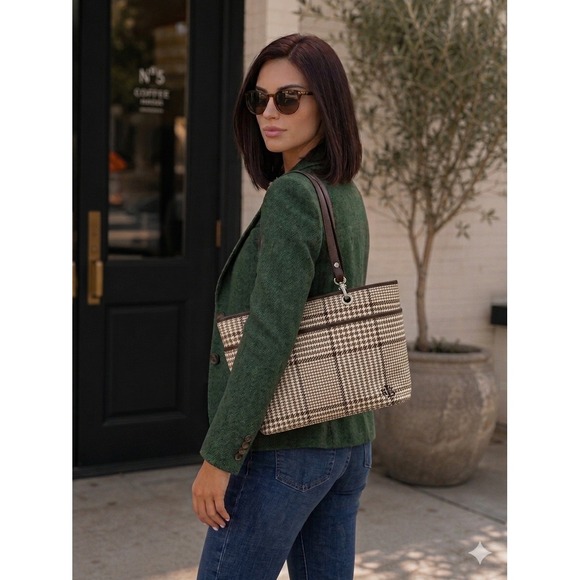 Lauren Ralph Lauren Handbags - Lauren Ralph Lauren Brown Houndstooth Plaid Tote Bag Leather Trim Shoulder Bag